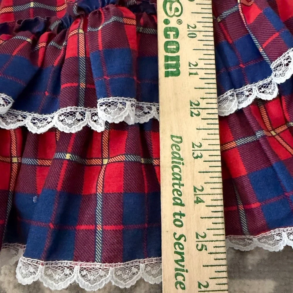 Winnie The Pooh Vintage Plaid Lace Ruffle Dress Kids 7 Red Victorian USA Tartan